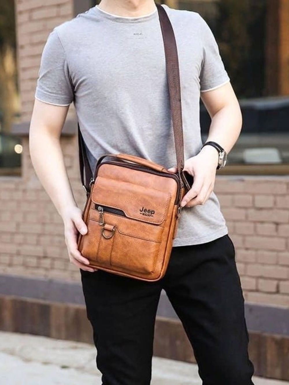 Jeep Tan Brown Leather Messenger Bag for Men